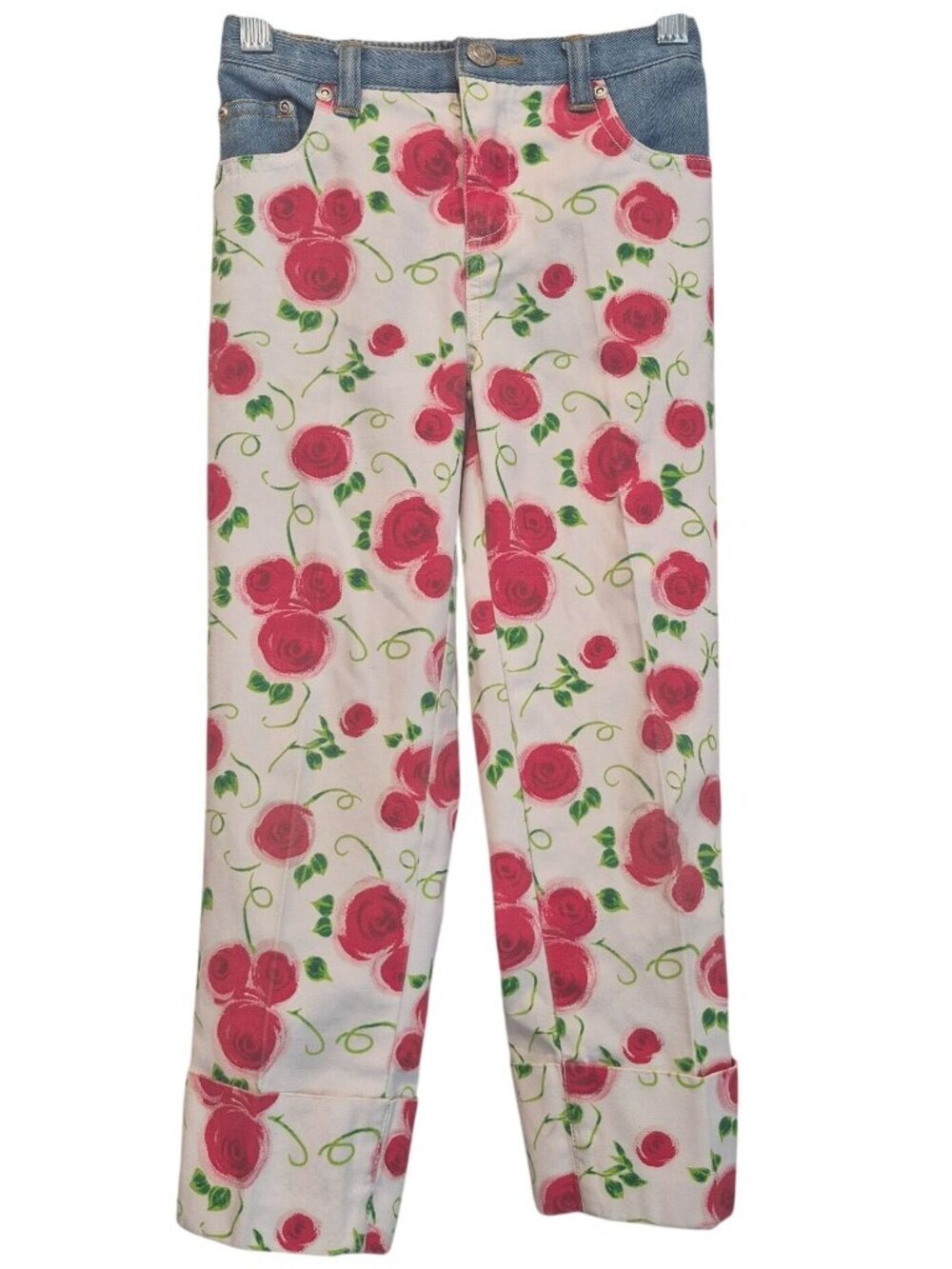 Vintage Y2K Mary Kate & Ashley Red Rose Printed Jeans Contrasting Denim Cuffed 5